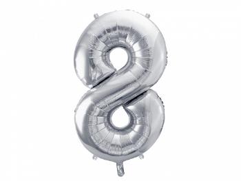 PartyDeco Fóliový balón narodeninové číslo 8 strieborný 86cm