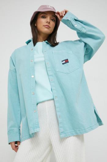 Rifľová košeľa Tommy Jeans dámska, tyrkysová farba, voľný strih, s klasickým golierom