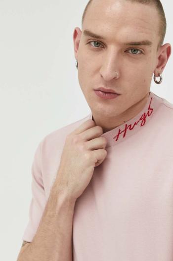Bavlnené tričko HUGO ružová farba, jednofarebné