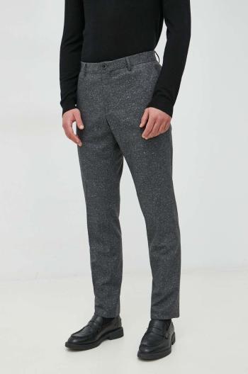Vlnené nohavice BOSS pánske, šedá farba, priliehavé