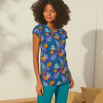 Blancheporte Pyžamové tričko s krátkymi rukávmi, s tropickou potlačou modrá/šafranová 34/36