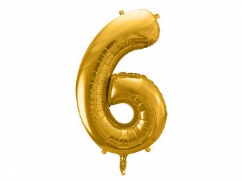 PartyDeco Fóliový balón narodeninové číslo 6 zlatý 86cm