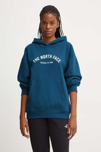 Mikina The North Face Hoodie Varsity Graphic dámska, tyrkysová farba, s kapucňou, s potlačou, NF0A89CS1NO1