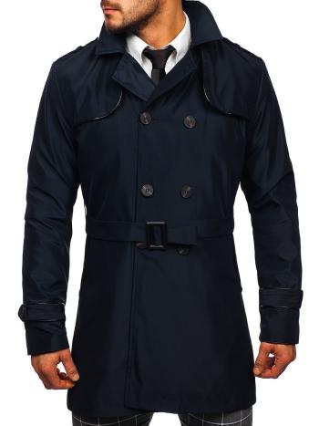 Tmavomodrý pánsky dvojradový kabát typu trenčkot s vysokým golierom a opaskom Bolf 0001