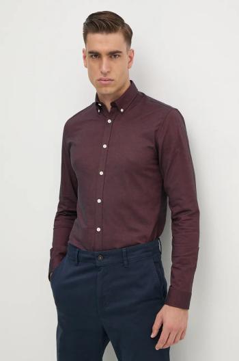 Košeľa Lindbergh pánska, bordová farba, slim, s golierom button-down, 30-203174