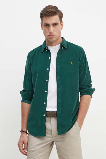 Manšestrová košeľa Polo Ralph Lauren zelená farba, regular, s golierom button-down