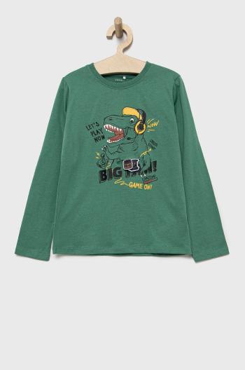 Detská bavlnená košeľa s dlhým rukávom Name it zelená farba, s potlačou