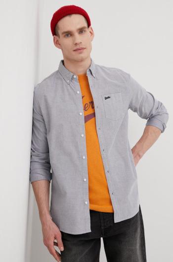 Bavlnená košeľa Superdry pánska, šedá farba, regular, s golierom button-down