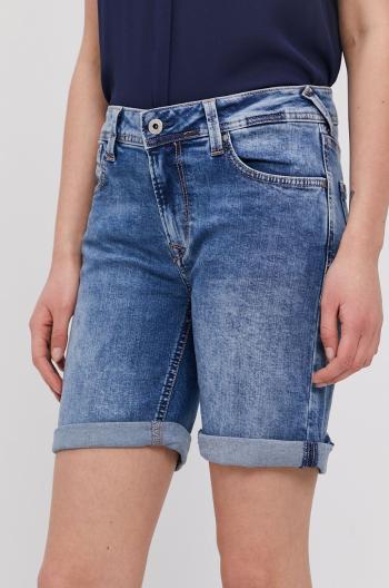Rifľové krátke nohavice Pepe Jeans dámske, jednofarebné, stredne vysoký pás
