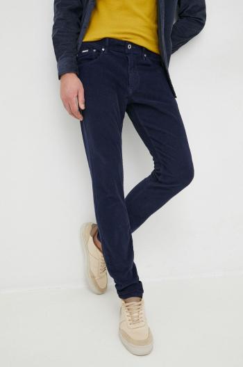 Manšestrové nohavice Pepe Jeans pánske, tmavomodrá farba, priliehavé