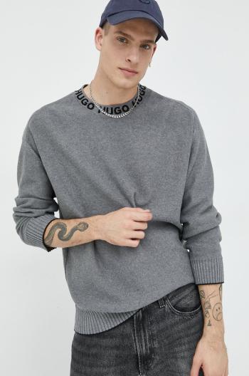 Bavlnený sveter HUGO pánsky, šedá farba, tenký,