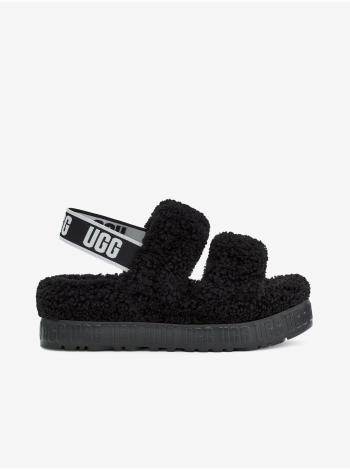 Čierne dámske kožené sandále s kožúškom UGG Oh Fluffita