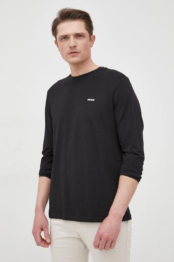 Bavlnené tričko s dlhým rukávom HUGO čierna farba, s potlačou