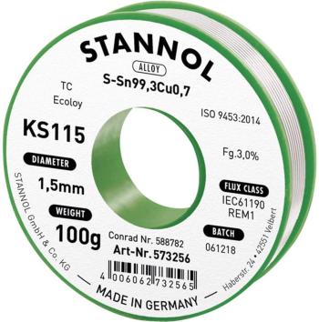 Stannol KS115 spájkovací cín bez olova cievka Sn99,3Cu0,7 100 g 1.5 mm