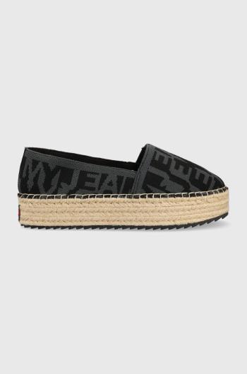 Espadrilky Tommy Jeans LOGOMANIA ESPADRILLE čierna farba, na platforme, EN0EN02079