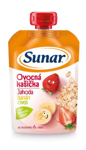 Sunar jahoda banán ovos 120 g,SUNAR Kapsička Ovocná kašička jahoda, banán, ovsené vločky 120 g