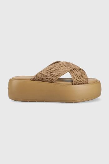 Šľapky Calvin Klein BUBBLE SLIDE - WOVEN dámske, béžová farba, na platforme, HW0HW01468