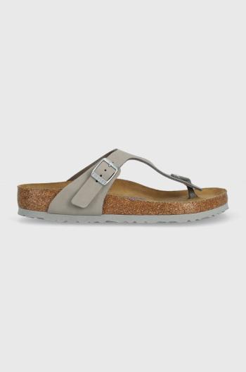 Semišové žabky Birkenstock dámske, šedá farba, na plochom podpätku