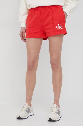 Bavlnené šortky Calvin Klein Jeans dámske, červená farba, jednofarebné, vysoký pás