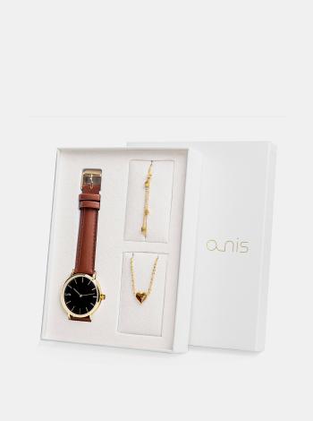 Sada dámskeho náramku, náhrdeľníku a hodiniek s hnedým koženým remienkom a-nis
