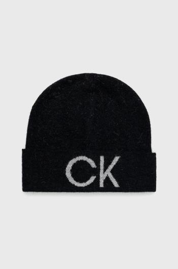 Vlnená čiapka Calvin Klein čierna farba, z tenkej pleteniny, vlnená
