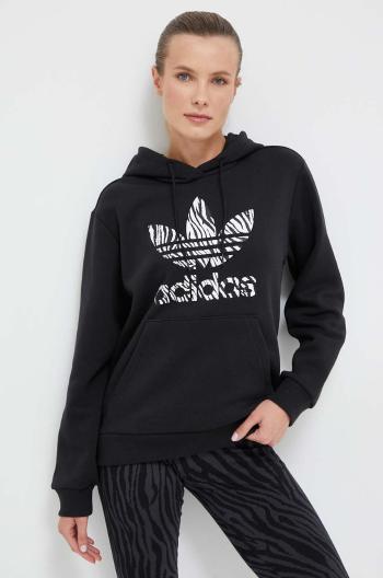 Mikina adidas Originals dámska, čierna farba, s kapucňou, s potlačou