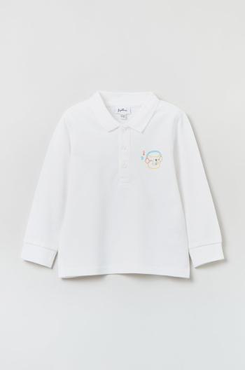 Detská bavlnená košeľa s dlhým rukávom OVS biela farba, s nášivkou