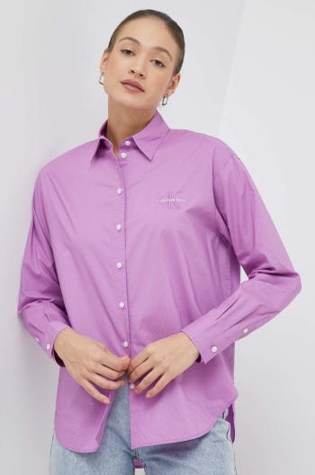 bavlnená košeľa Calvin Klein Jeans dámska, fialová farba, voľný strih, s klasickým golierom
