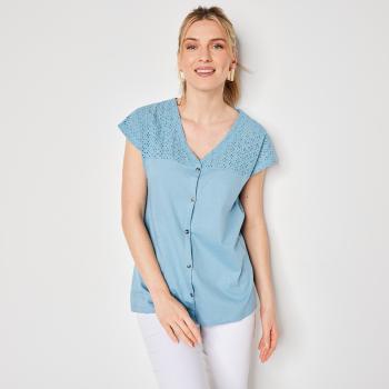 Blancheporte Gombíkové tričko s anglickou výšivkou modrosivá 50
