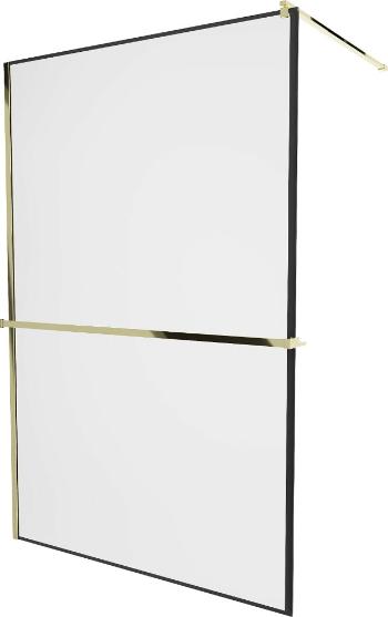 MEXEN/S - KIOTO Sprchová zástena WALK-IN s poličkou a držiakom uterákov 90 x 200 cm, transparent/čierna 8 mm, zlatá 800-090-121-50-70