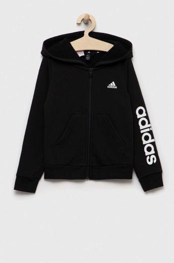 Detská mikina adidas čierna farba, s kapucňou, s potlačou