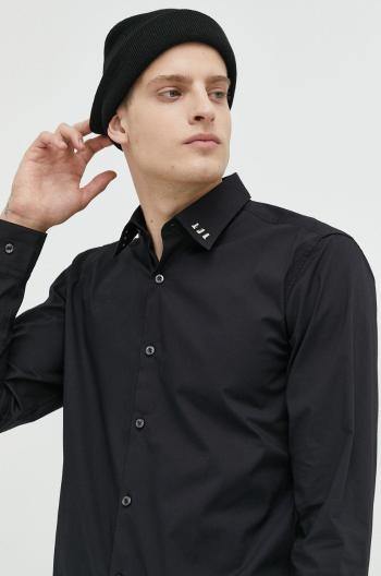Košeľa HUGO pánska, čierna farba, slim, s klasickým golierom