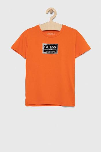 Detské tričko Guess oranžová farba, s nášivkou