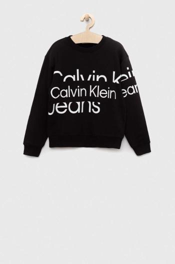 Detská bavlnená mikina Calvin Klein Jeans čierna farba, s potlačou