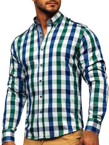 Zelená pánska károvaná košeľa s dlhými rukávmi BOLF 2779