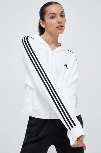 Bavlnená mikina adidas dámska, biela farba, s kapucňou, s nášivkou