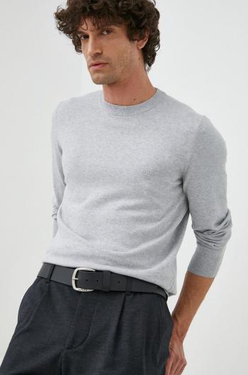 Bavlnený sveter BOSS pánsky, šedá farba, tenký