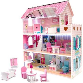 Drevený domček pre bábiky + nábytok 70 cm ružový LED (ikonka_KX6484)