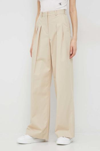 Bavlnené nohavice Calvin Klein dámske, béžová farba, široké, vysoký pás