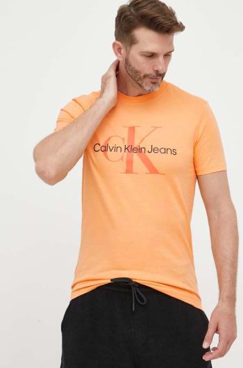 Bavlnené tričko Calvin Klein Jeans oranžová farba, s potlačou