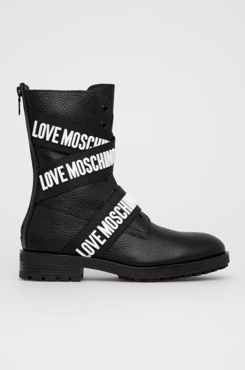 Kožené členkové topánky Love Moschino dámske, čierna farba, na plochom podpätku