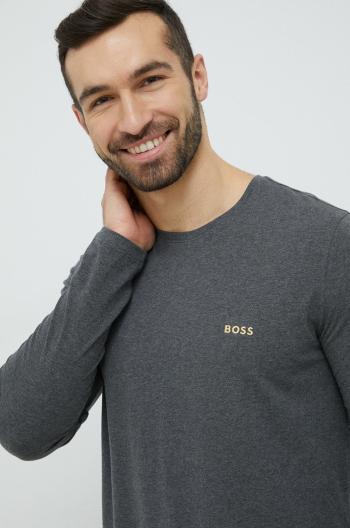 Tričko s dlhým rukávom BOSS šedá farba, jednofarebné