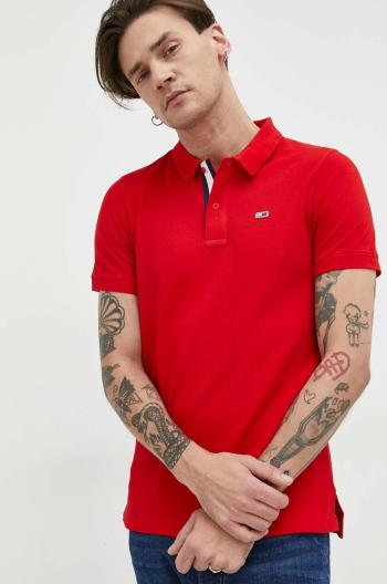 Bavlnené polo tričko Tommy Jeans červená farba, jednofarebné