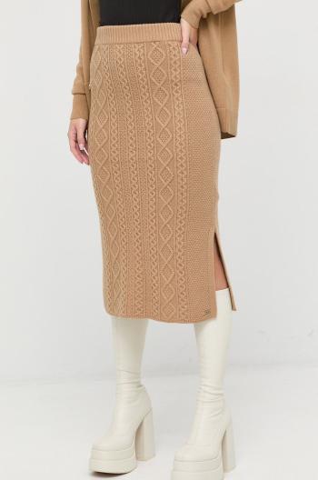 Kašmírová sukňa BOSS béžová farba, midi, puzdrová
