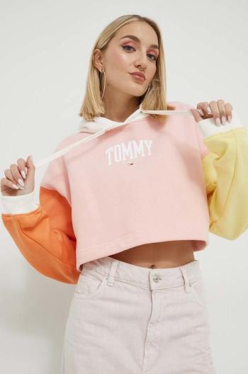 Mikina Tommy Jeans dámska, ružová farba, s kapucňou, vzorovaná