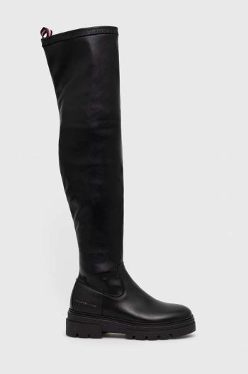 Kožené čižmy Tommy Hilfiger Monochromatic Over The Knee Boot dámske, čierna farba, na platforme,