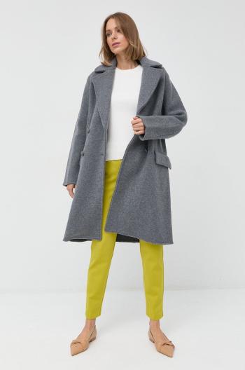 Vlnený kabát Emporio Armani šedá farba, prechodný, dvojradový