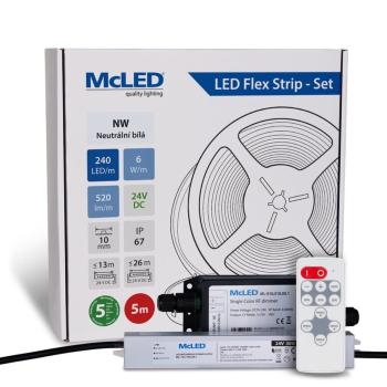 McLED LED páska - sada 5 m + Prijímač Nano IP67, 240 LED/m, NW, 6 W/m, DC 24V, 520 lm/m, CRI90, IP67, 10 mm, vodič 3 m ML-126.033.90.S05002