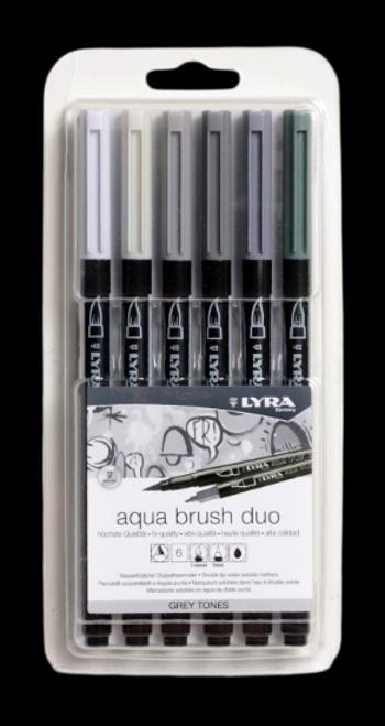 LYRA AQUA BRUSH DUO - Popisovače s dvomi hrotmi 6 ks (šedé odtiene)