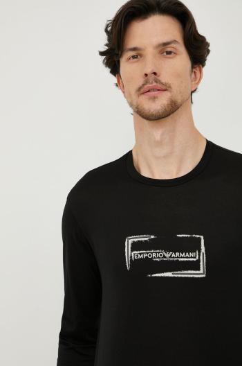 Bavlnené tričko s dlhým rukávom Emporio Armani čierna farba, s potlačou